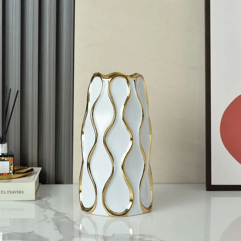 Modern Black & White Ceramic Vase with Gold Accent