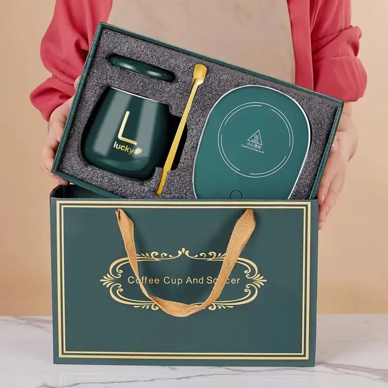 Insulated Ceramic Coffee Mug with Heating Coaster – Gift Set