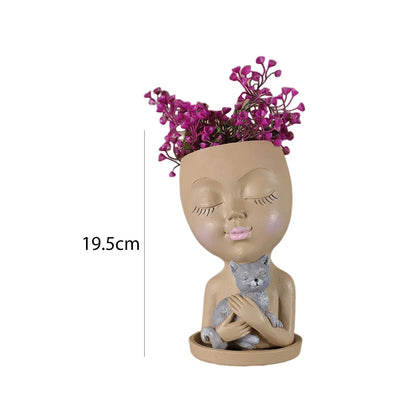 Cute Girl Face Planter – Resin Succulent Pot with Drain Holes