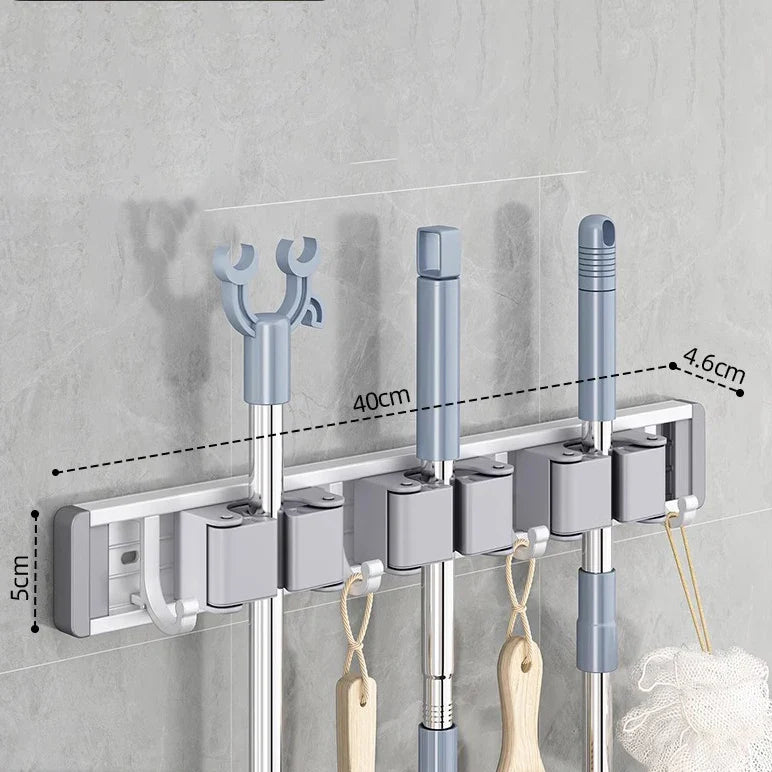 Wall Mounted Mop & Broom Organizer with Hooks – Heavy-Duty Aluminum Holder