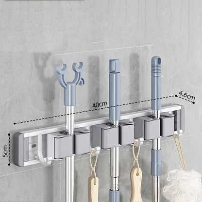 Wall Mounted Mop & Broom Organizer with Hooks – Heavy-Duty Aluminum Holder