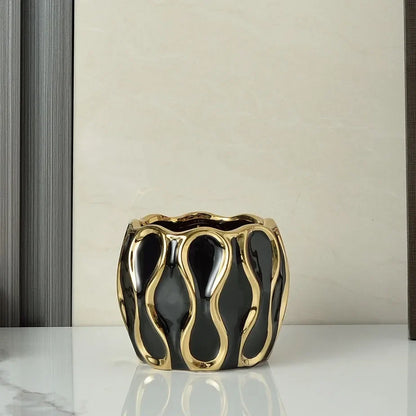 Modern Black & White Ceramic Vase with Gold Accent