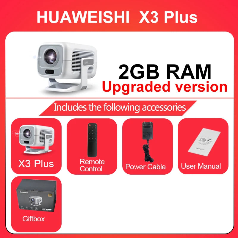 Huaweishi 4K Smart Portable Projector – 1080P, Auto-Focus, 600 ANSI
