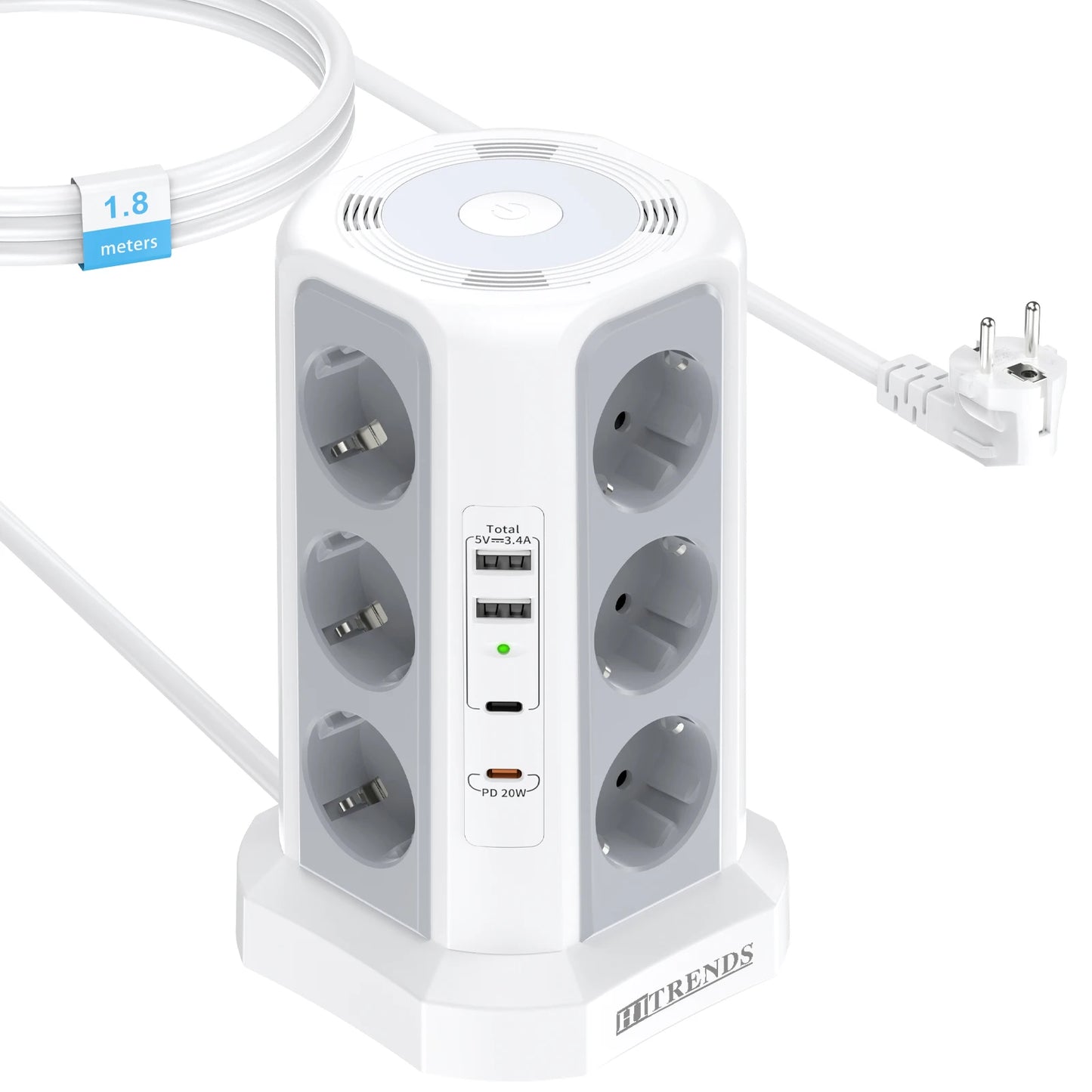 12-in-1 Power Tower Surge Protector with USB-C & Night Light