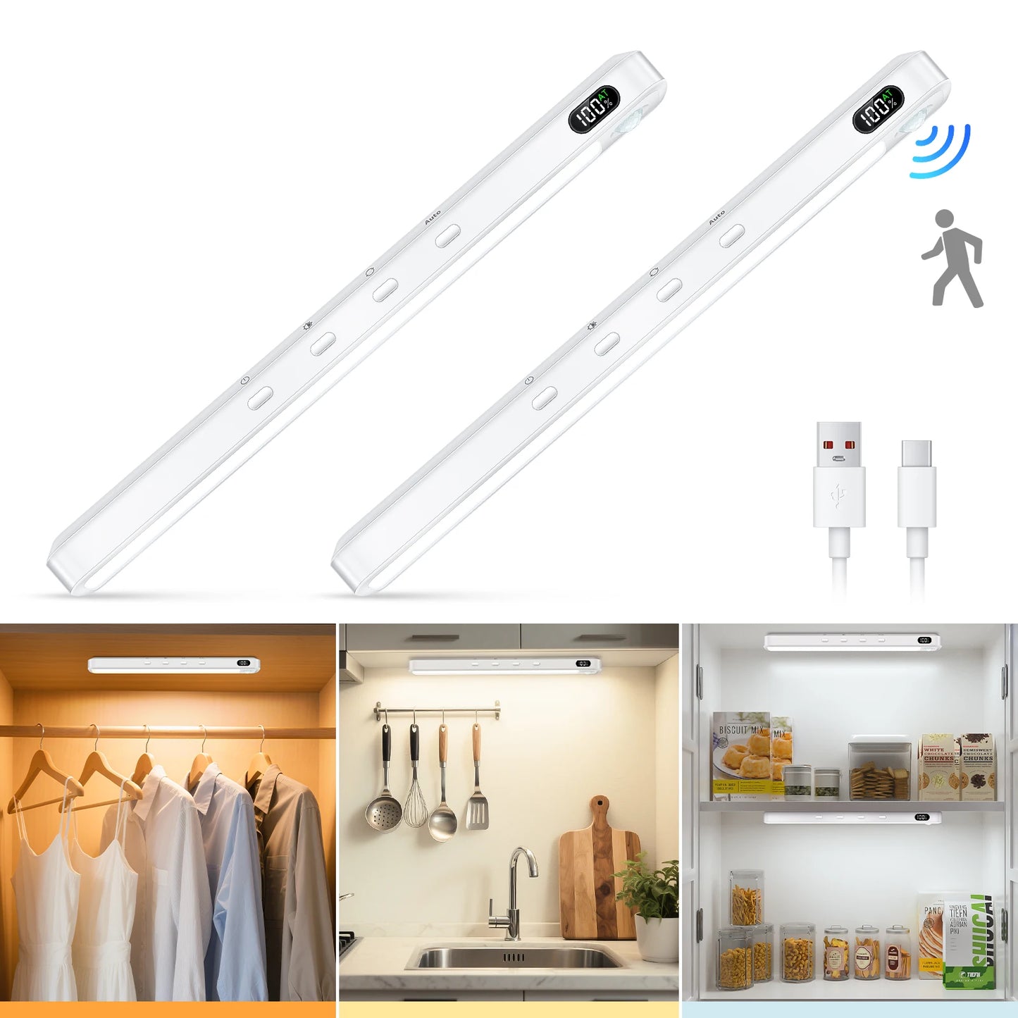 WILLED Rechargeable Motion Sensor Cabinet Light – 3 Colors Dimmable Night Bar