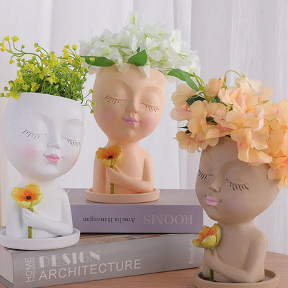 Cute Girl Face Planter – Resin Succulent Pot with Drain Holes