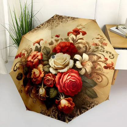 Vintage Rose Folding Umbrella – Beige Floral
