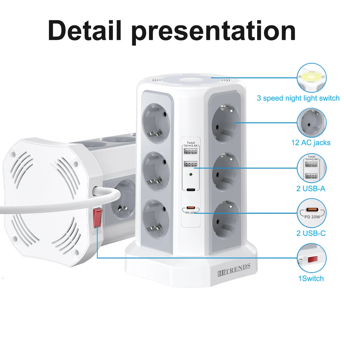 12-in-1 Power Strip USB-C Night Light | 4000W