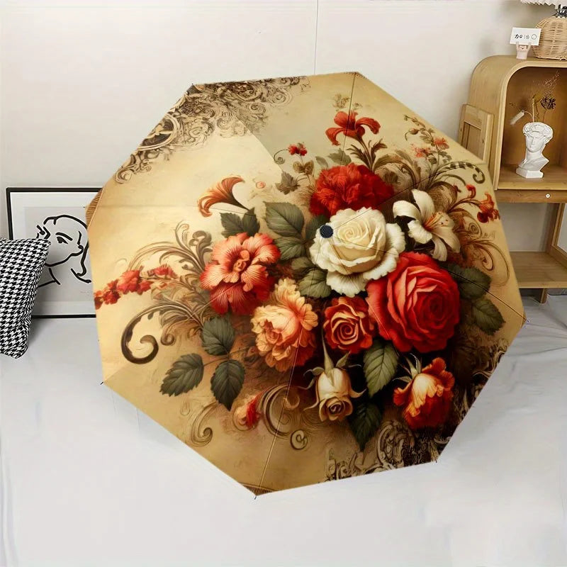 Vintage Rose Folding Umbrella – Beige Floral