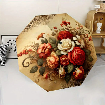 Vintage Rose Folding Umbrella – Beige Floral