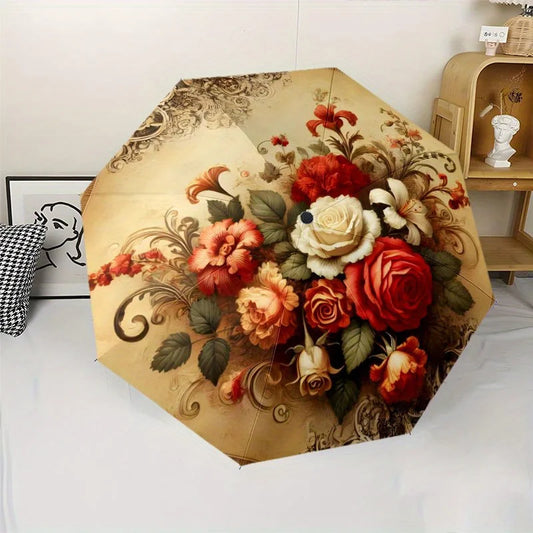 Vintage Rose Folding Umbrella – Beige Floral