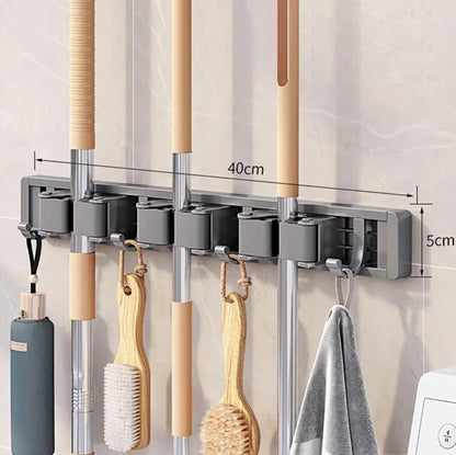 Wall Mounted Mop & Broom Organizer with Hooks – Heavy-Duty Aluminum Holder