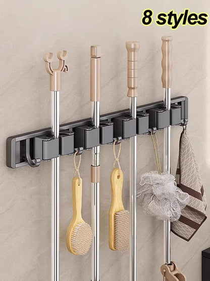 Wall Mounted Mop & Broom Organizer with Hooks – Heavy-Duty Aluminum Holder