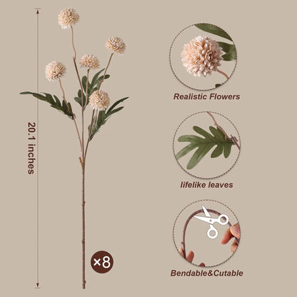 Artificial Kiku Pompon Chrysanthemum Flowers – 5PCS Silk Stems for DIY Decor