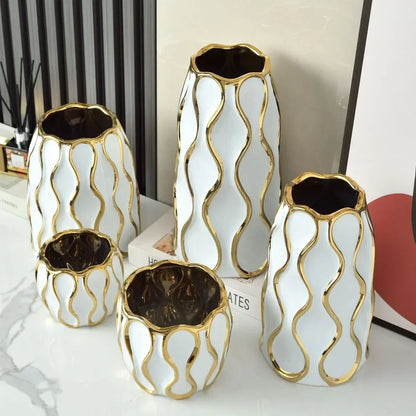 Modern Black & White Ceramic Vase with Gold Accent