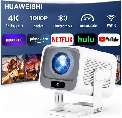 Huaweishi 4K Smart Portable Projector – 1080P, Auto-Focus, 600 ANSI