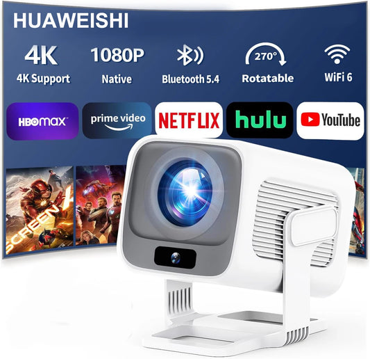Huaweishi 4K Smart Portable Projector – 1080P, Auto-Focus, 600 ANSI