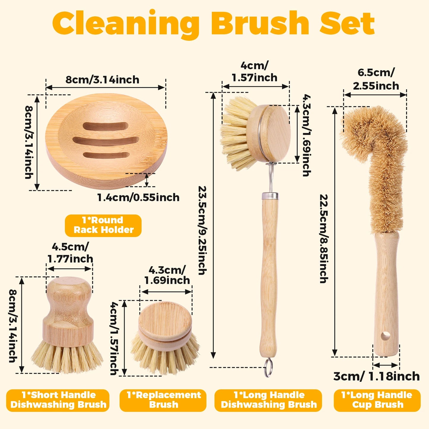 Bamboo Kitchen Dish Brush Set with Long Handle
