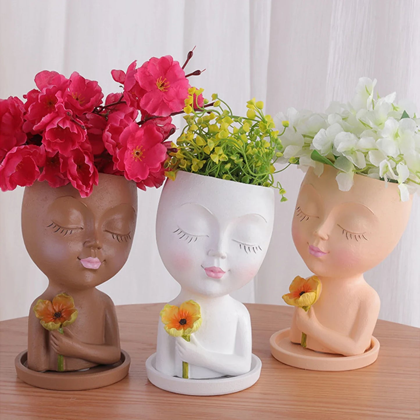 Cute Girl Face Planter – Resin Succulent Pot with Drain Holes