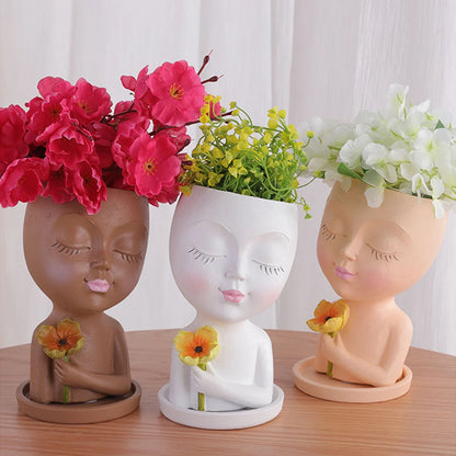 Cute Girl Face Planter – Resin Succulent Pot with Drain Holes