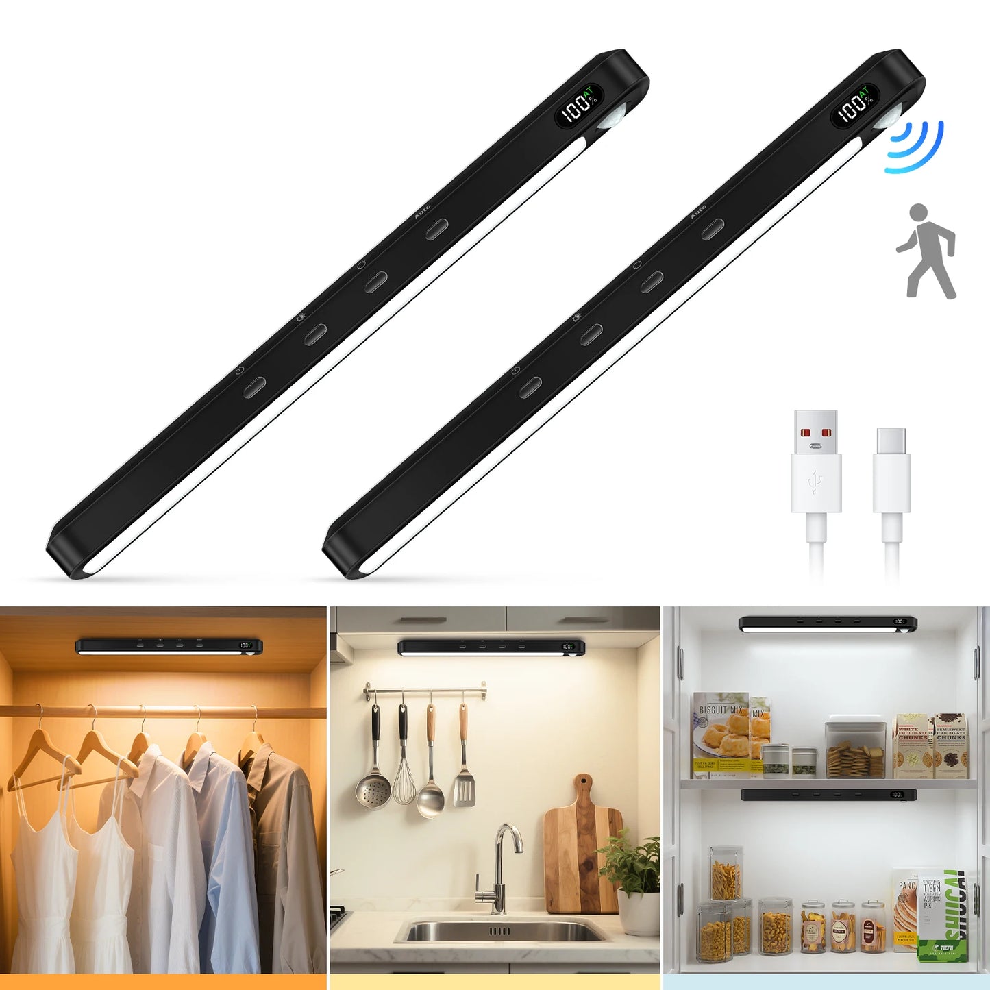 WILLED Rechargeable Motion Sensor Cabinet Light – 3 Colors Dimmable Night Bar
