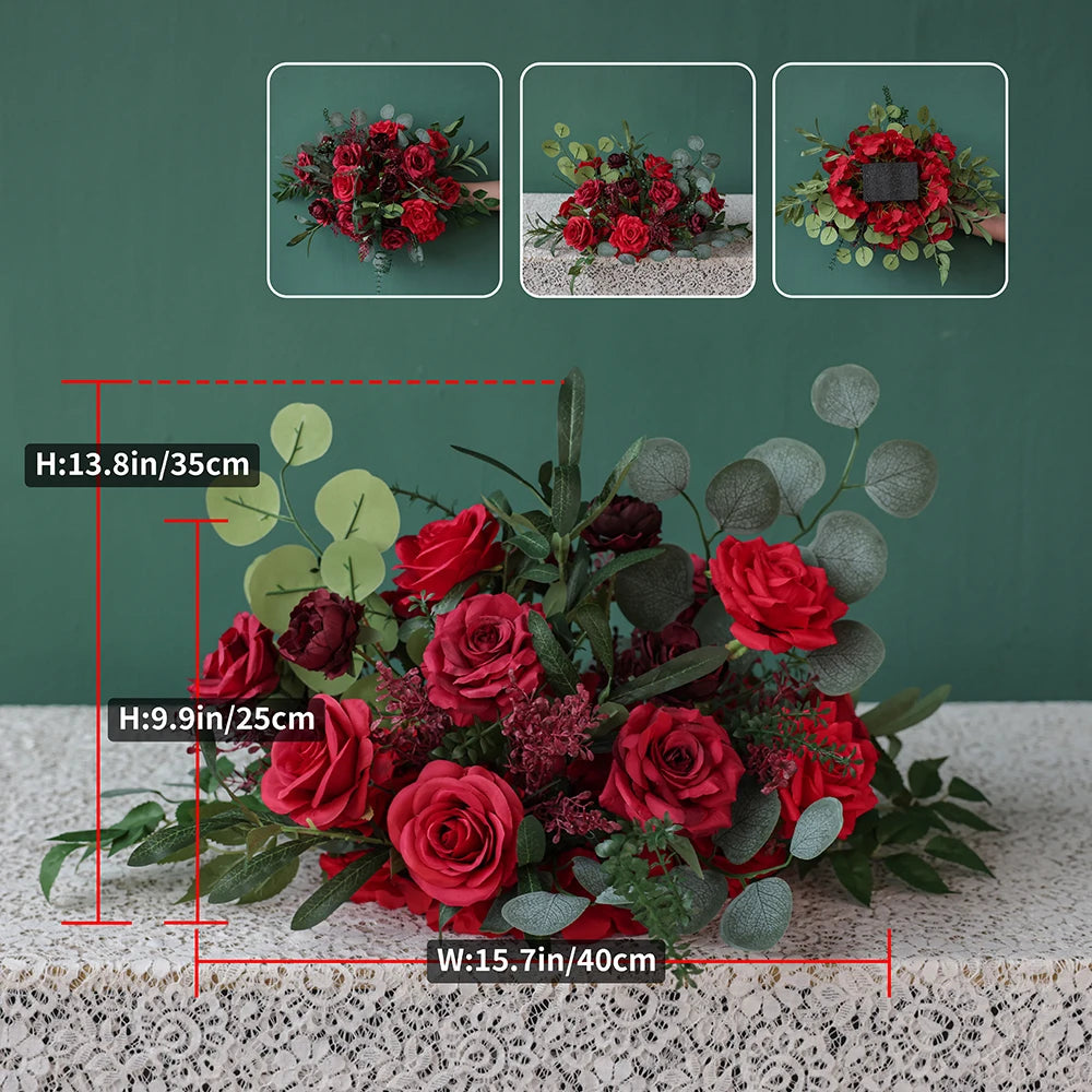 Dark Red Silk Rose Centerpiece – Elegant Event & Home Decor Arrangement