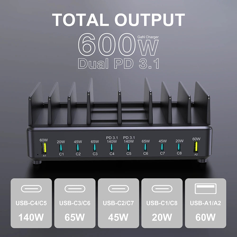 600W 10-Port GaN PD Fast Charging Station