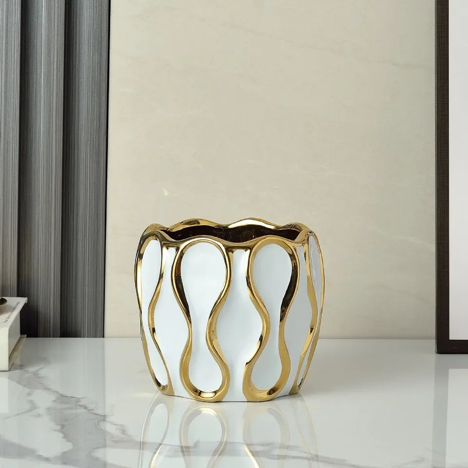 Modern Black & White Ceramic Vase with Gold Accent