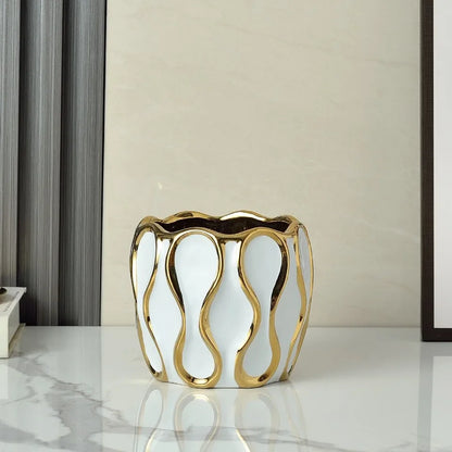 Modern Black & White Ceramic Vase with Gold Accent
