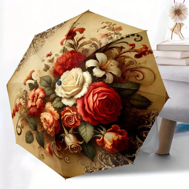 Vintage Rose Folding Umbrella – Beige Floral