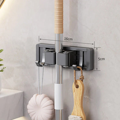 Wall Mounted Mop & Broom Organizer with Hooks – Heavy-Duty Aluminum Holder