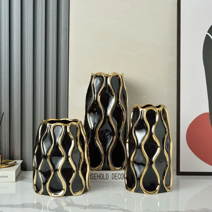 Modern Black & White Ceramic Vase with Gold Accent