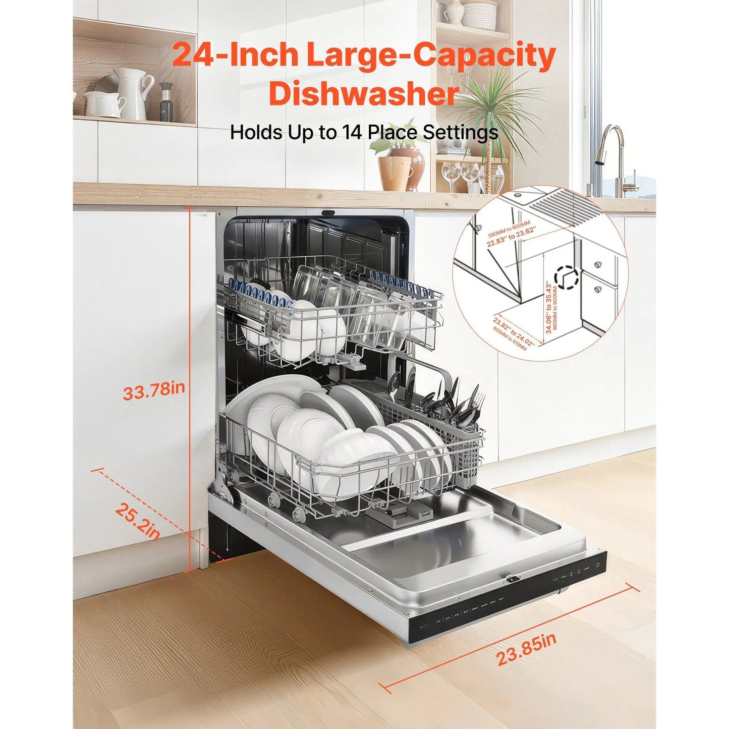 24” Built-In Stainless Steel Dishwasher – Quiet, 14 Place Settings, 8 Wash Modes