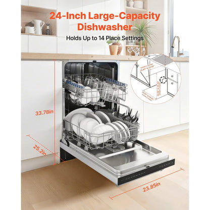 24” Built-In Stainless Steel Dishwasher – Quiet, 14 Place Settings, 8 Wash Modes