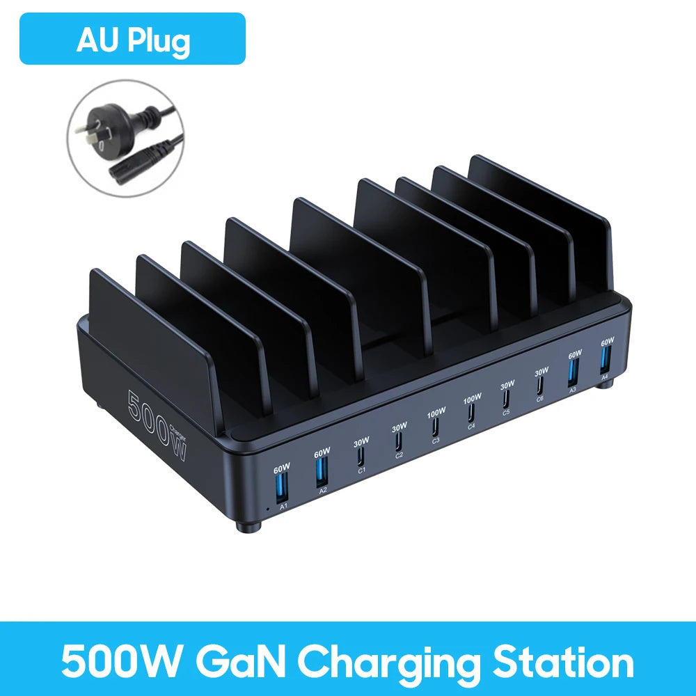 500W GaN 10-Port USB-C Fast Charging Station