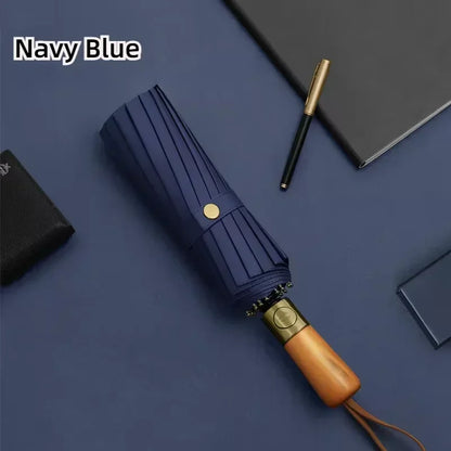 Automatic Folding Umbrella – Large, Wind & Sun Resistant, Wooden Handle
