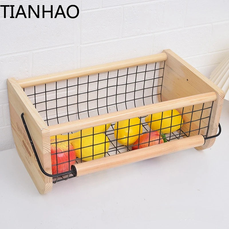 Modern Fruit & Vegetable Storage Basket with Wooden Handle