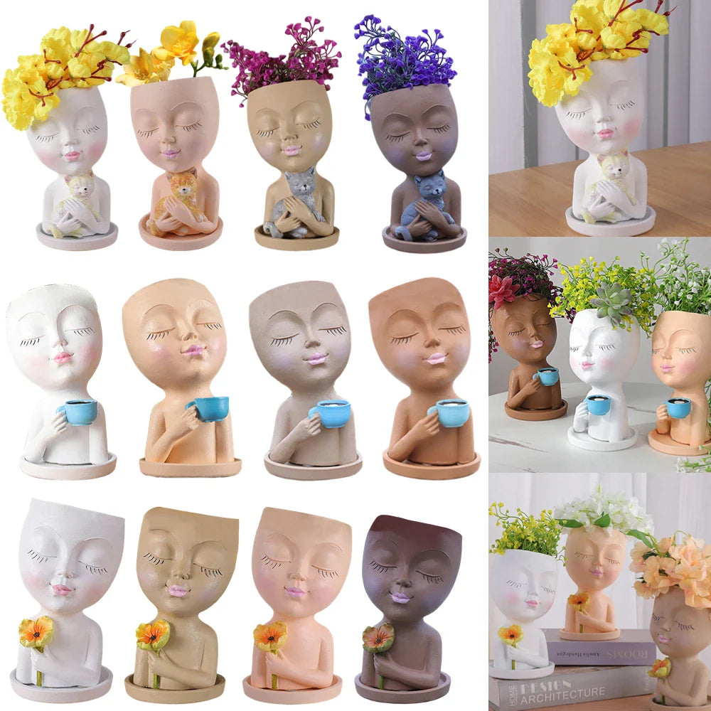 Cute Girl Face Planter – Resin Succulent Pot with Drain Holes