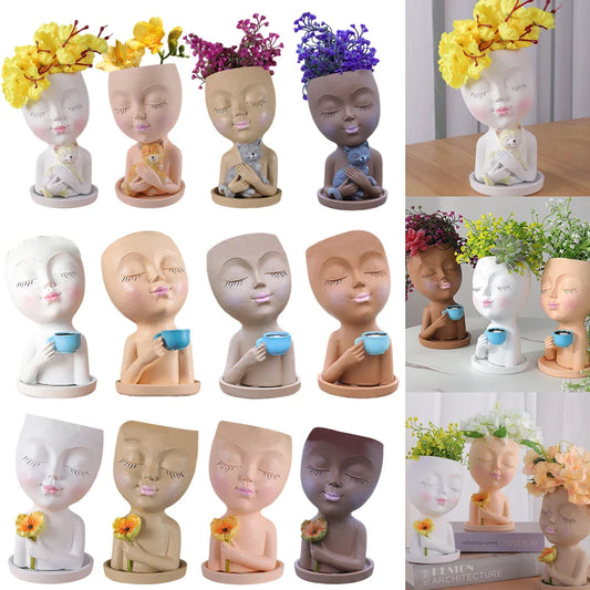 Cute Girl Face Planter – Resin Succulent Pot with Drain Holes