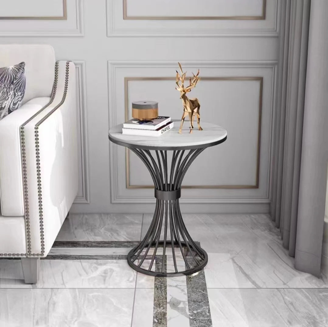 Modern Round Stone Coffee Table – Luxury Metal Frame Side Table