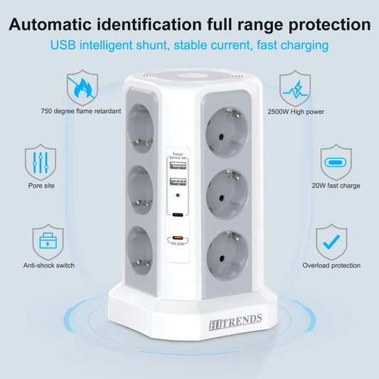 12-in-1 Power Tower Surge Protector with USB-C & Night Light