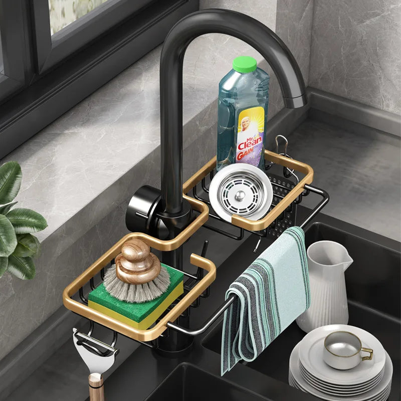 Aluminum Sink Drain Rack – Faucet Sponge & Soap Holder