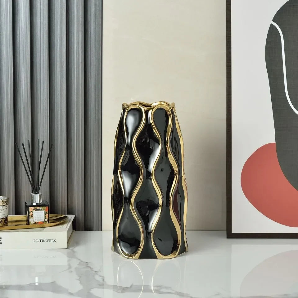 Modern Black & White Ceramic Vase with Gold Accent