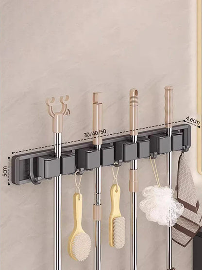 Wall Mounted Mop & Broom Organizer with Hooks – Heavy-Duty Aluminum Holder