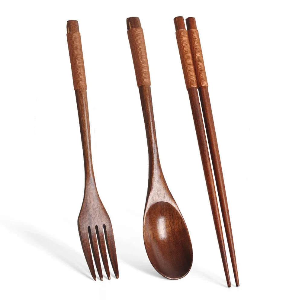 Natural Wooden Cutlery Set – Reusable Spoon, Fork & Chopsticks Dining Set