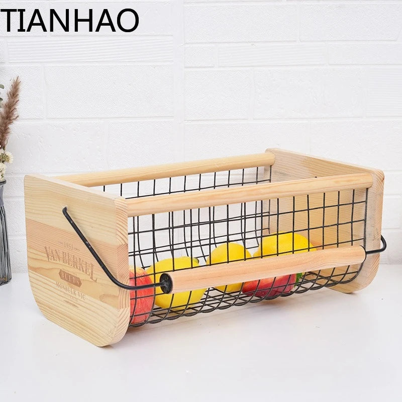 Modern Fruit & Vegetable Storage Basket with Wooden Handle