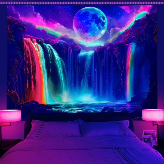 UV Waterfall & Moon Night Sky Tapestry – Glow Wall Decor