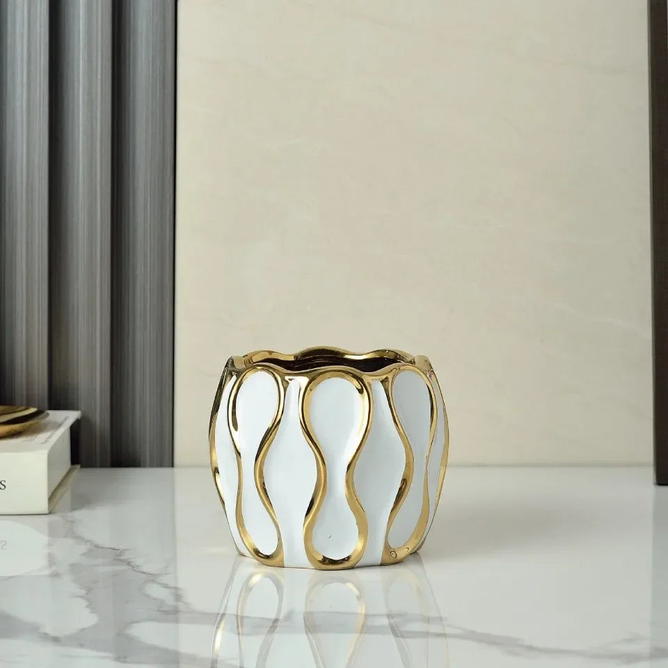Modern Black & White Ceramic Vase with Gold Accent