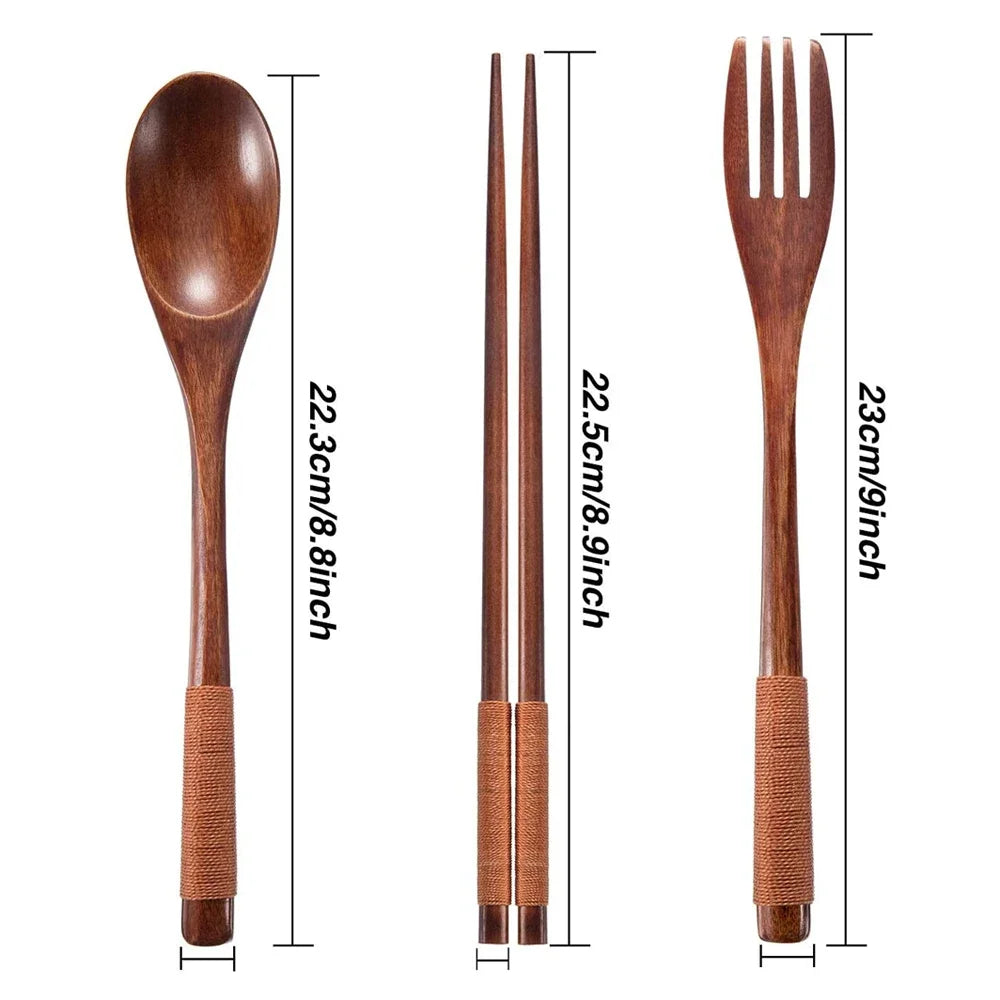 Natural Wooden Cutlery Set – Reusable Spoon, Fork & Chopsticks Dining Set