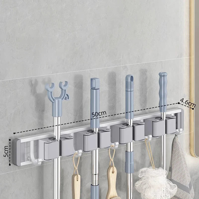 Wall Mounted Mop & Broom Organizer with Hooks – Heavy-Duty Aluminum Holder